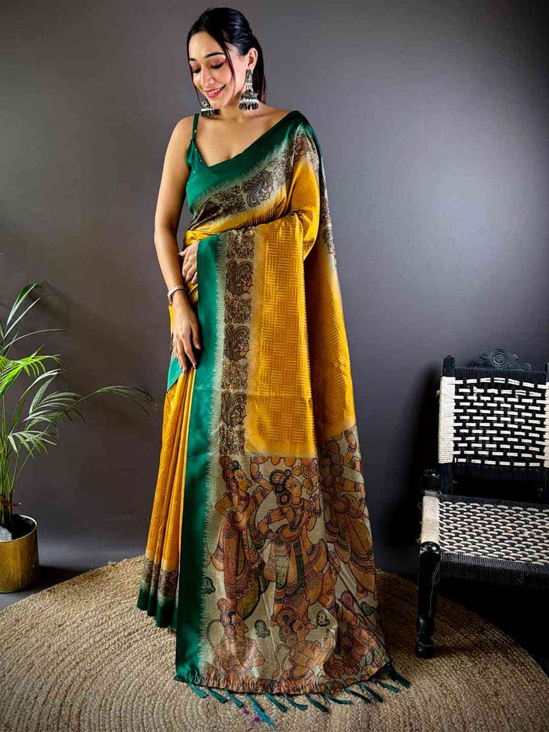 Mustard Soft Silk Kalamkari Pallu Saree
