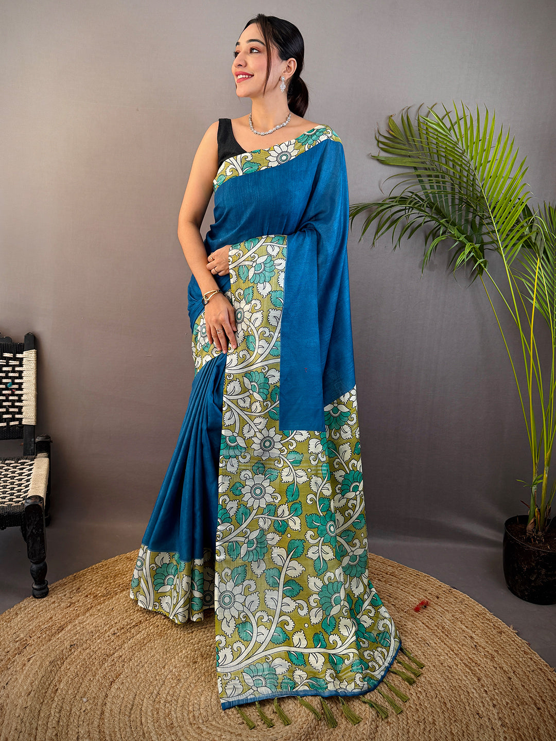 Teal Linen Kalamkari Print Saree