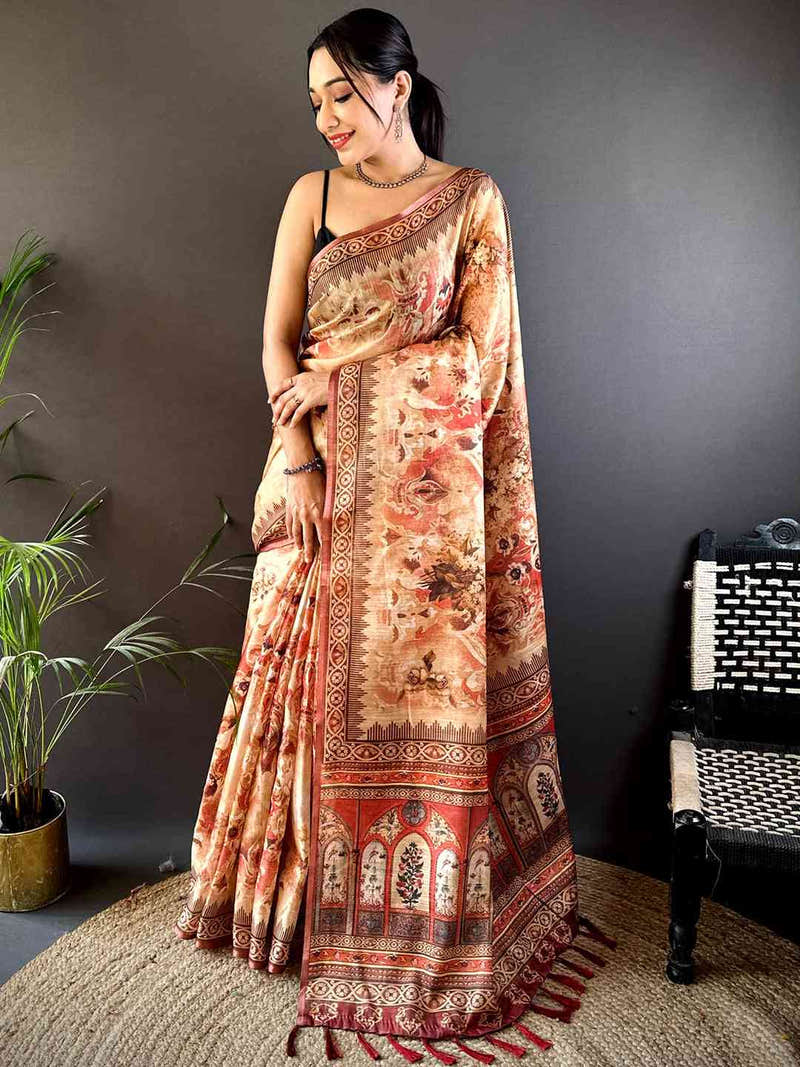 Red Tussar Blossom Saree