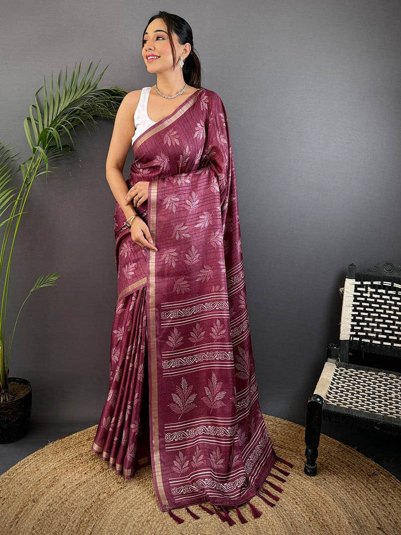 Dark Mauve Leaf Print Ghicha Handloom Saree