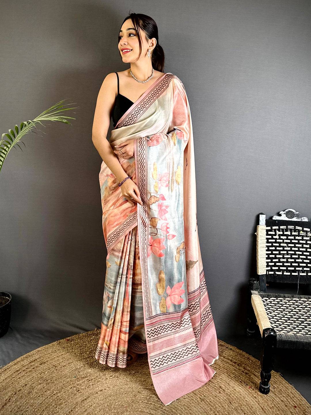 Opulent Water Theme Floral Tussar Saree