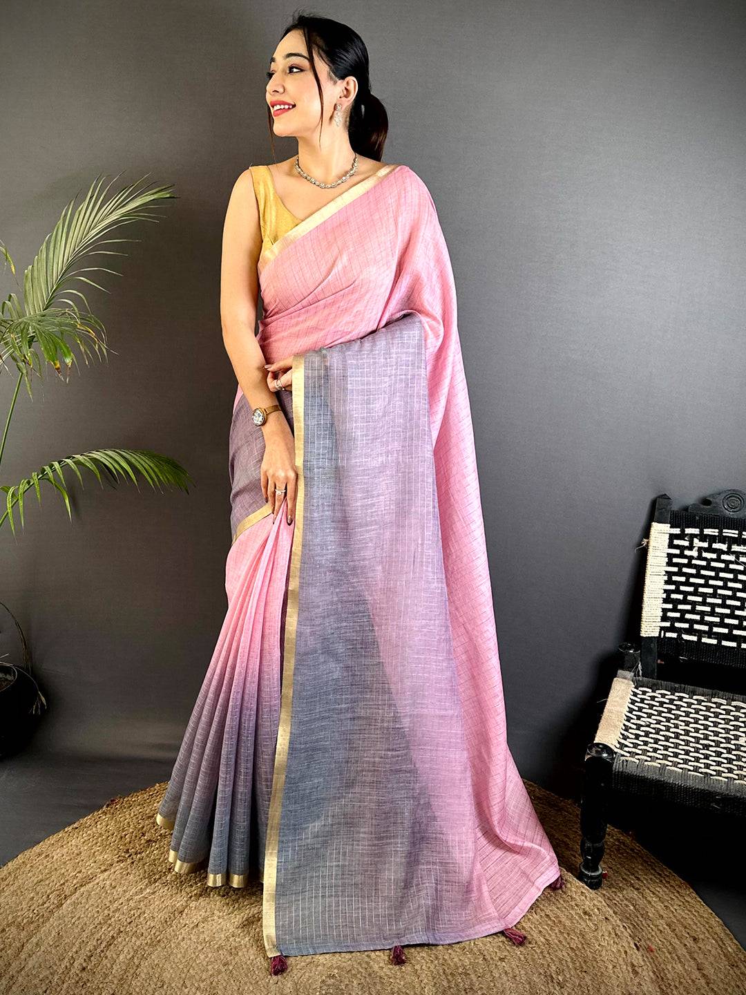 Majestic Linen 90 Zari Check Saree