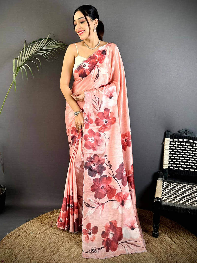 Pink Chinnon Stone Work Floral Saree