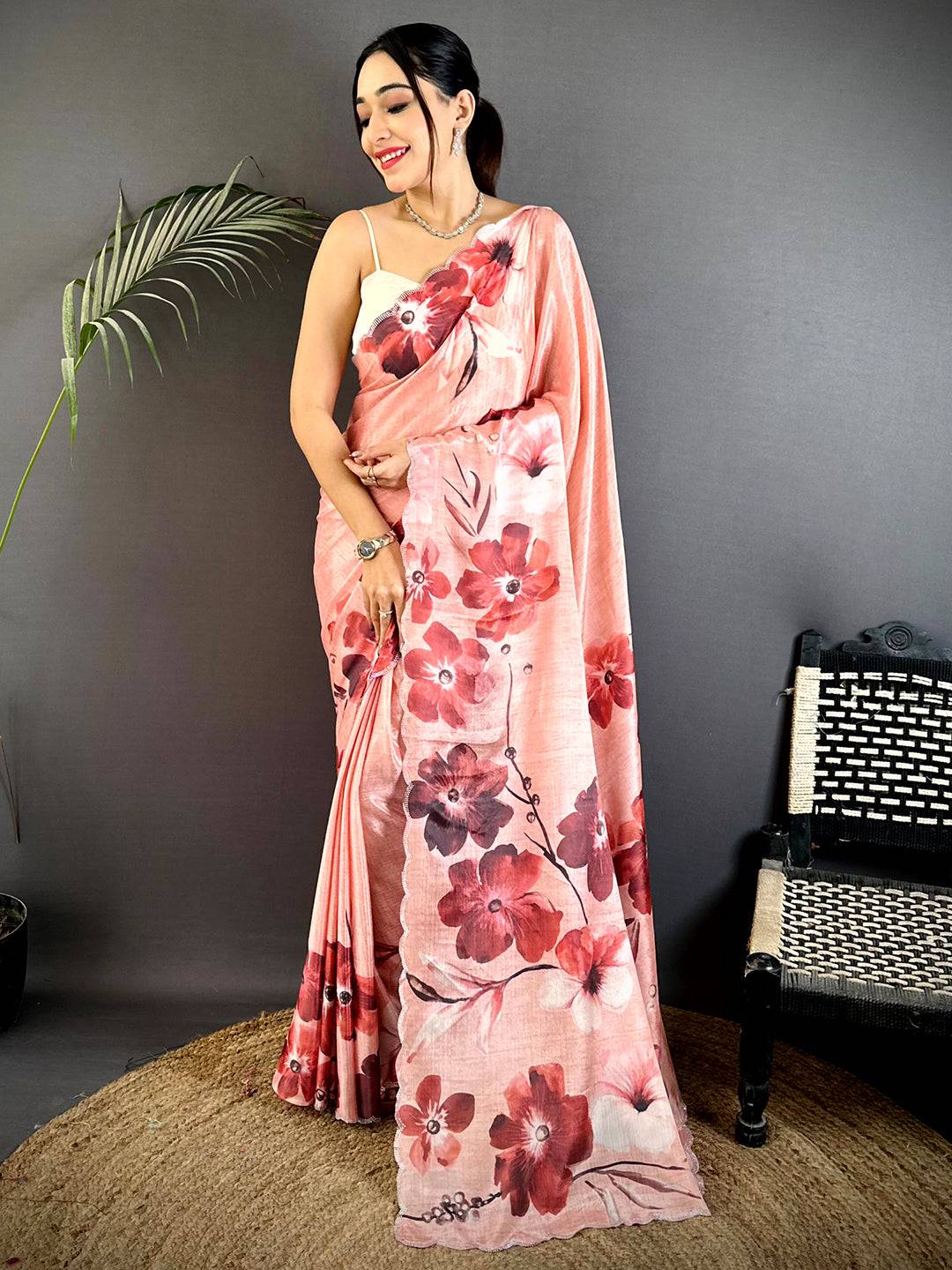 Pink Chinnon Swarovski Floral Saree