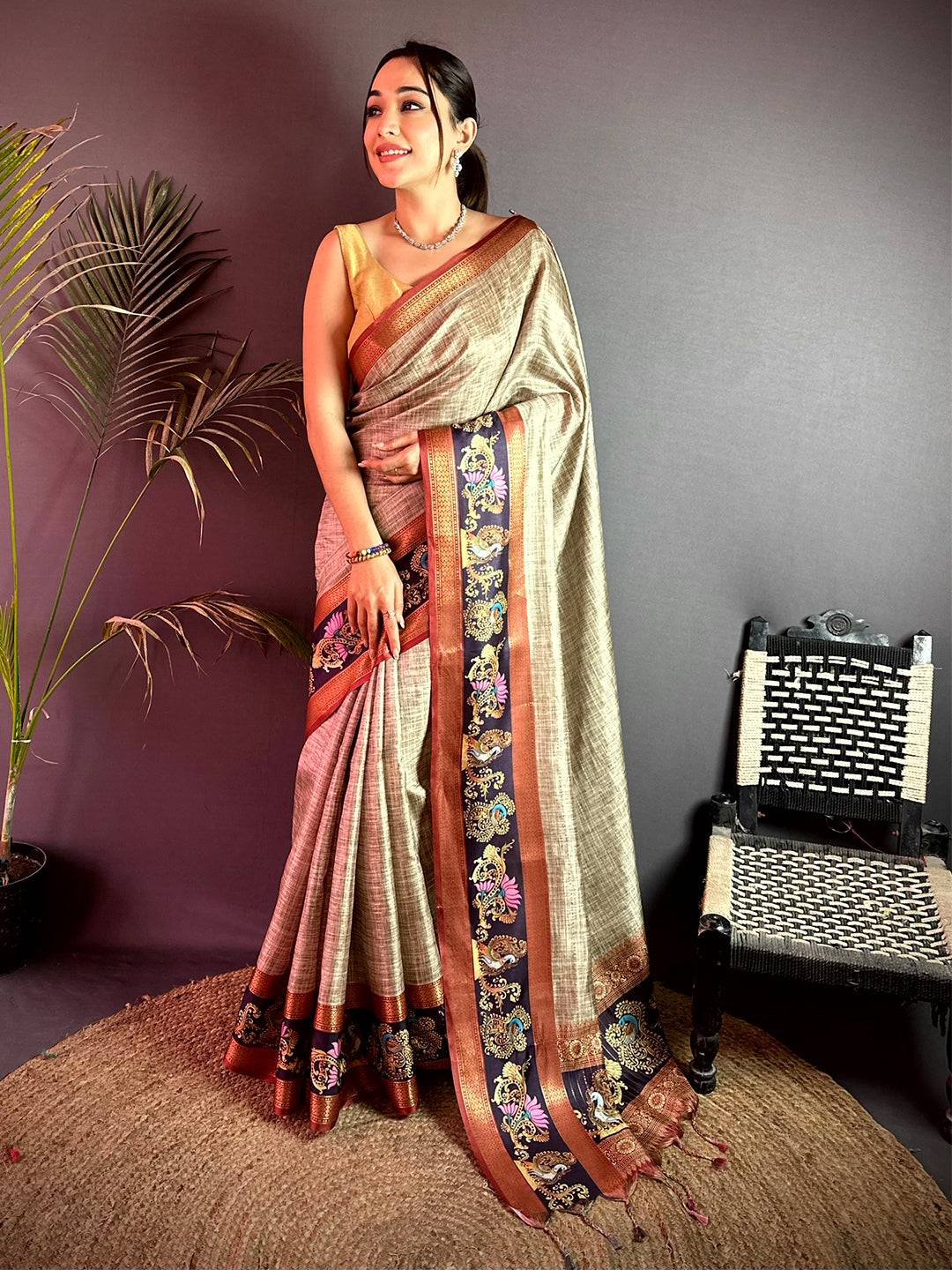 Stylish Tanjore Art Khadi Semi Silk Saree