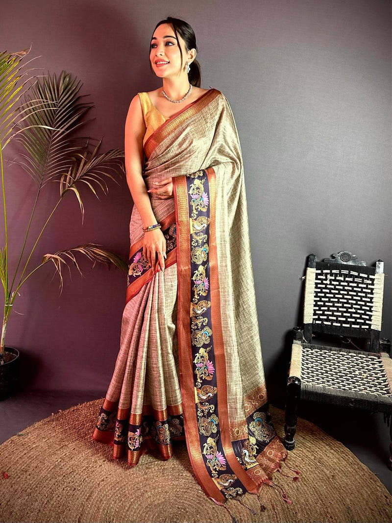 Stylish Tanjore Art Khadi Semi Silk Saree