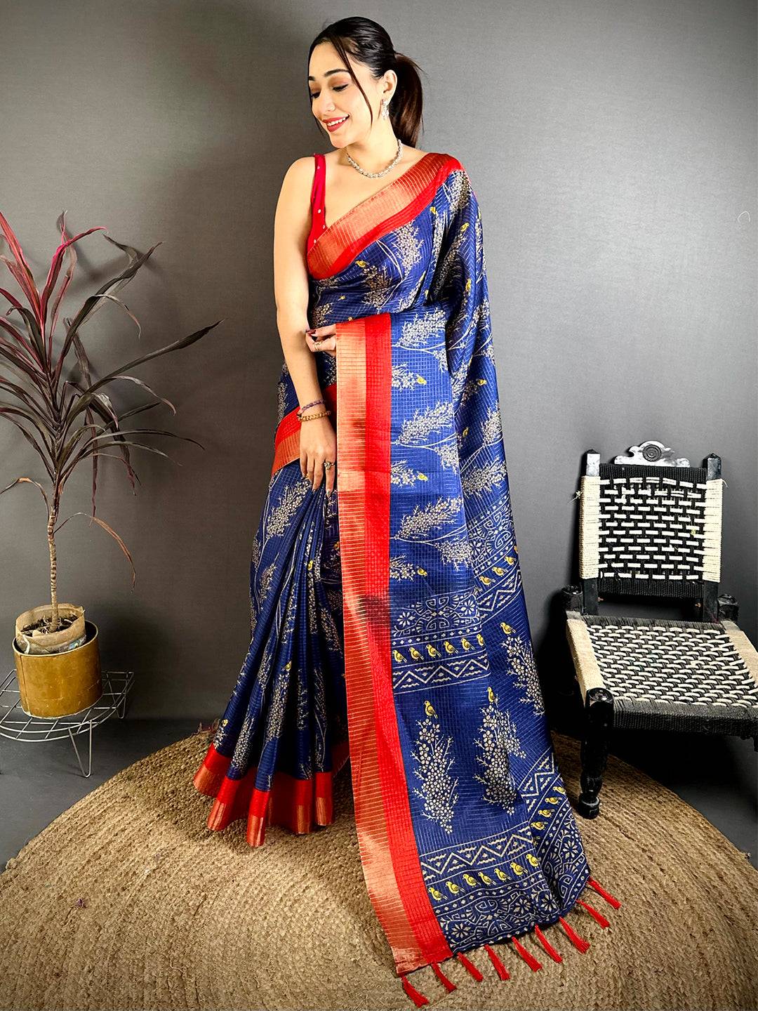 Navy Tussar Zari Chex Bird Motif Saree