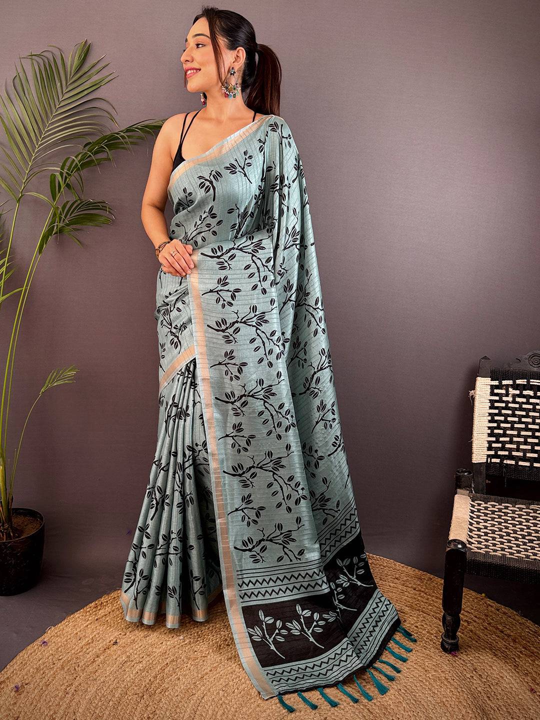 Teal Ghicha Leaf Print Saree