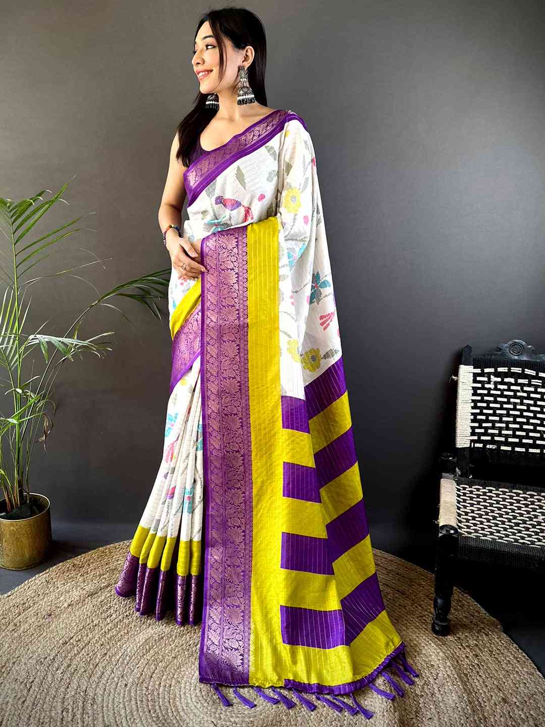 Purple Dola Silk Bird Print Saree