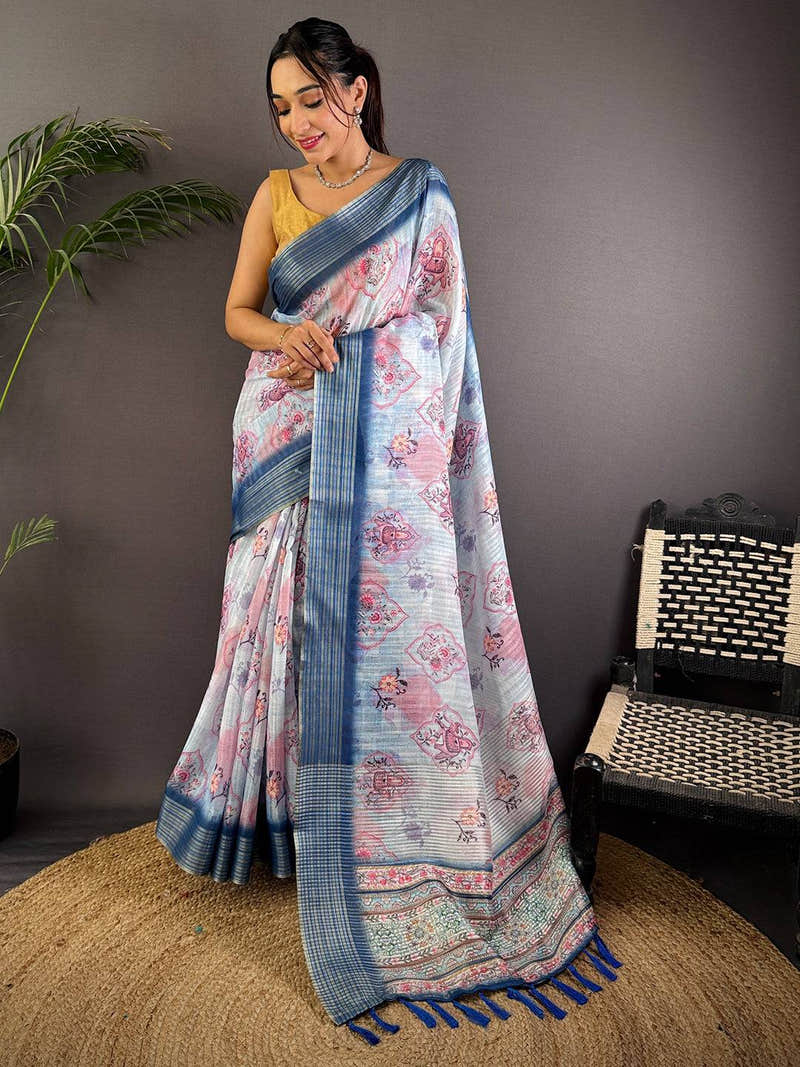 Pastel Blue Linen Digital Printed Saree
