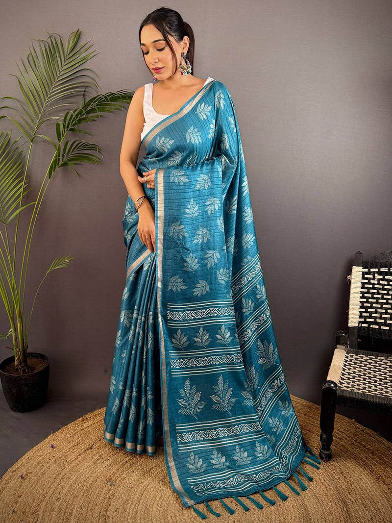Teal Blue Leaf Print Ghicha Handloom Saree