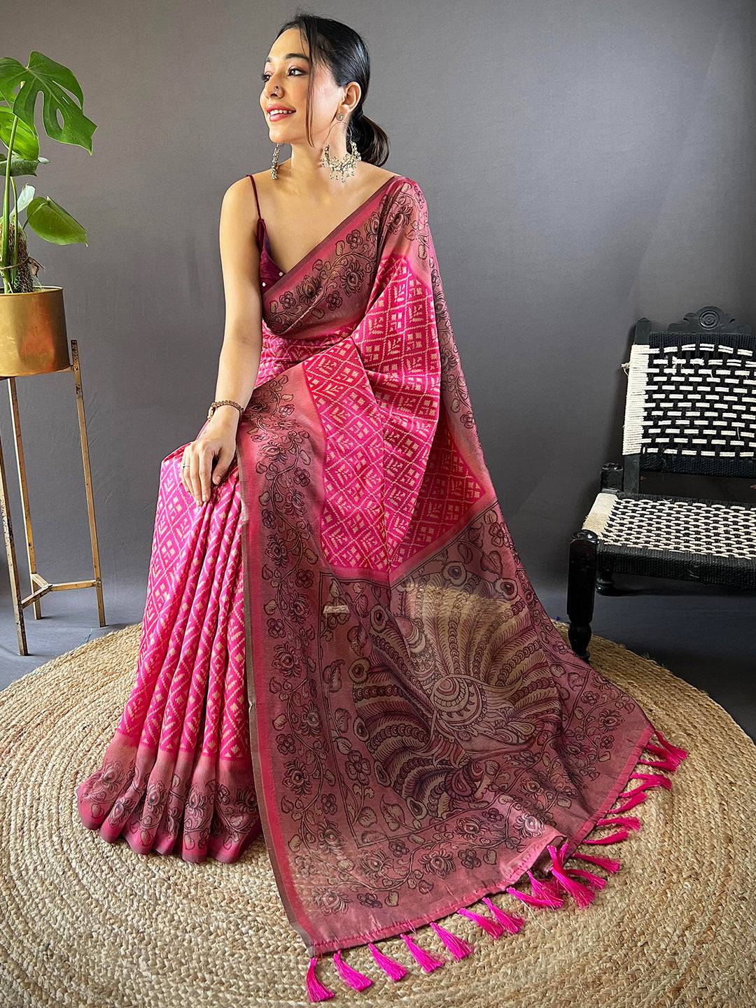 Rose Pink Patola Kalamkari Saree