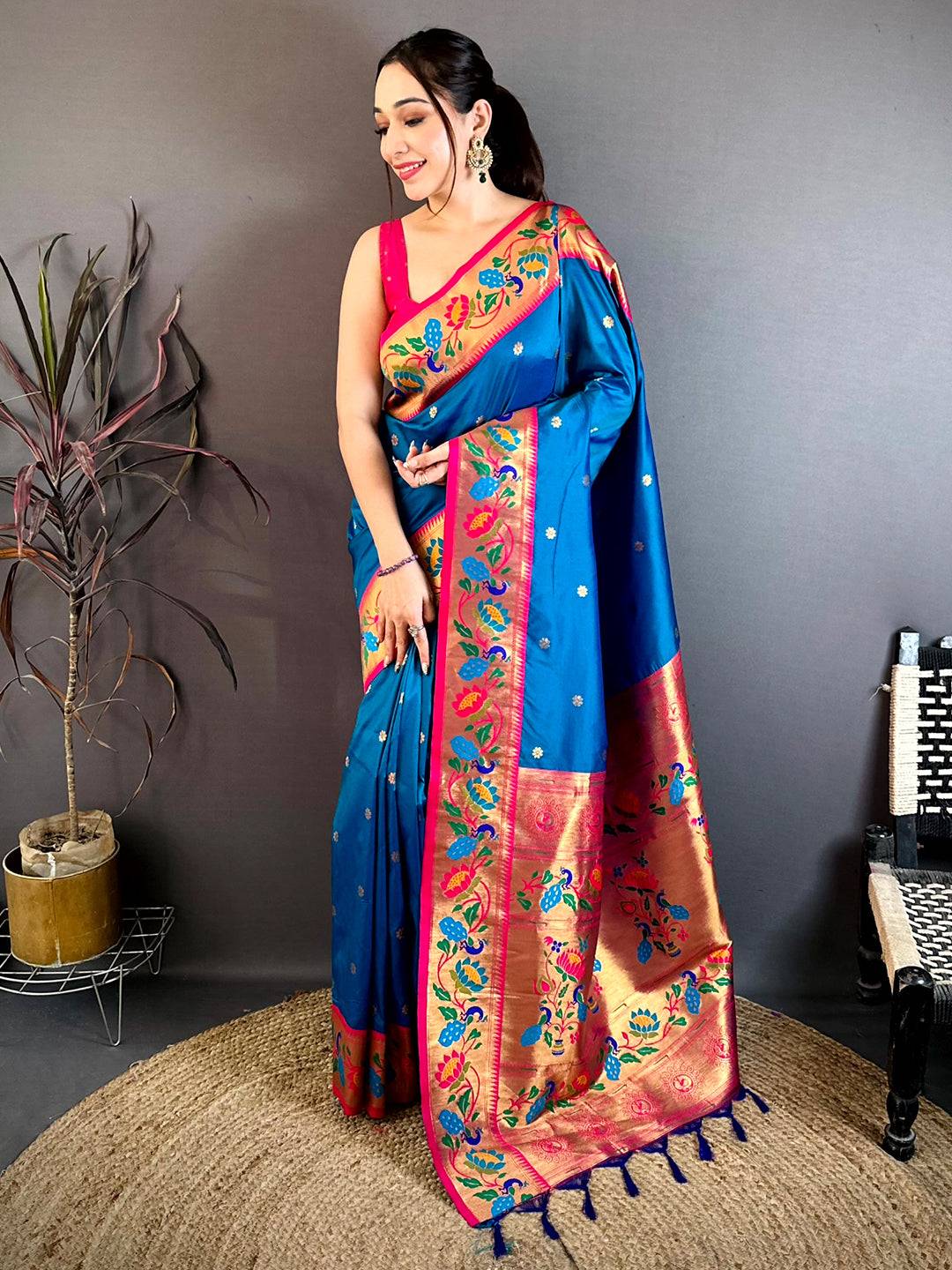 Royal Blue Soft Silk Minakari Pallu Saree