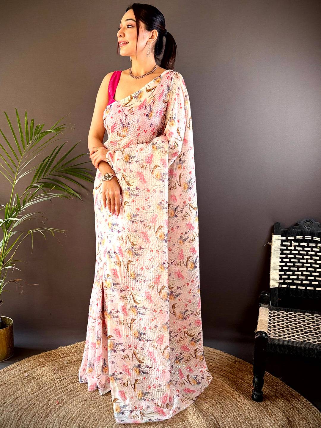Peach Soft Tebi Silk Sequin Work Saree