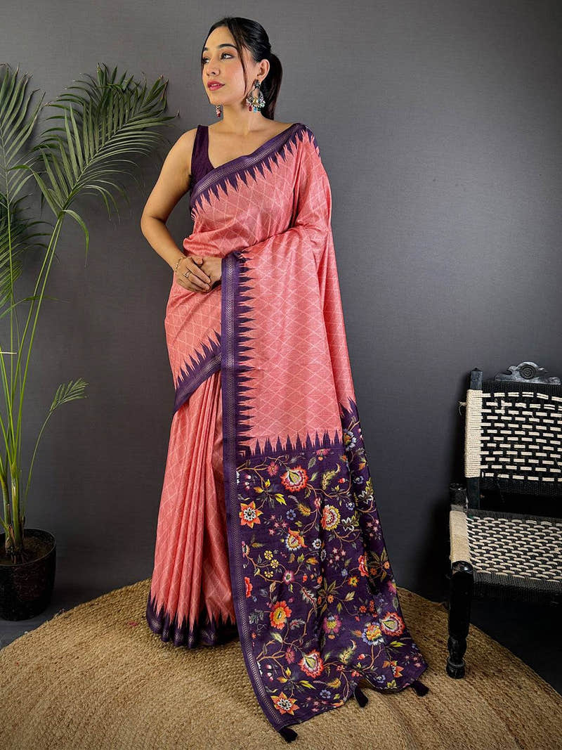 Gajari Tussar Silk Kalamkari Printed Saree