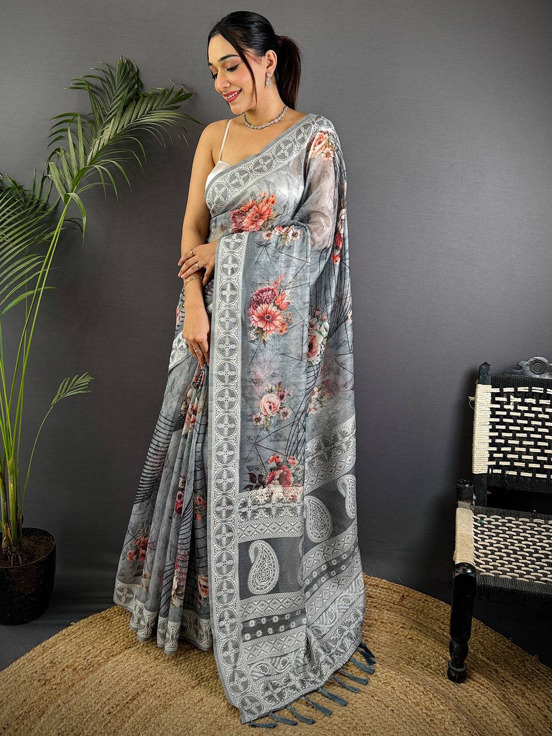 Grey Lakhnavi Linen Digital Print Saree
