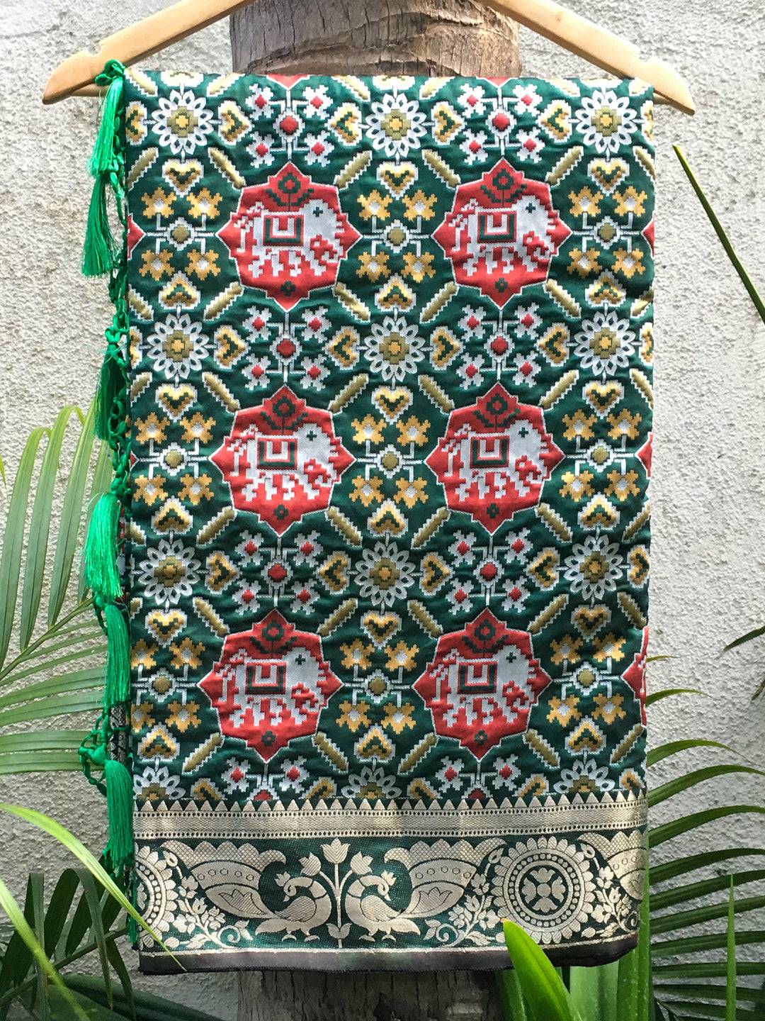 Jade Green Soft Silk Patola Saree with Zari border
