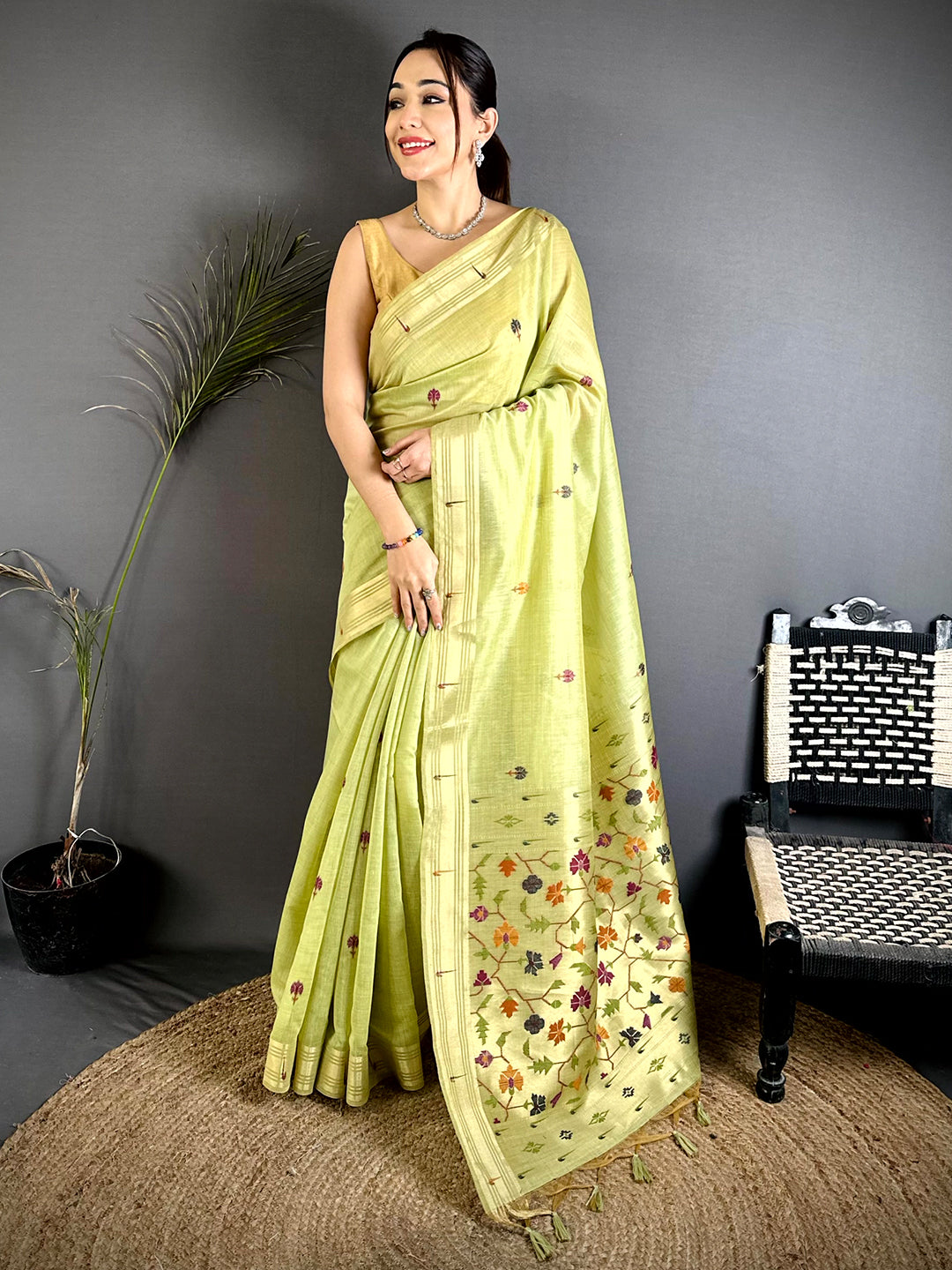 Lime Geometric Patola Khadi Linen Saree