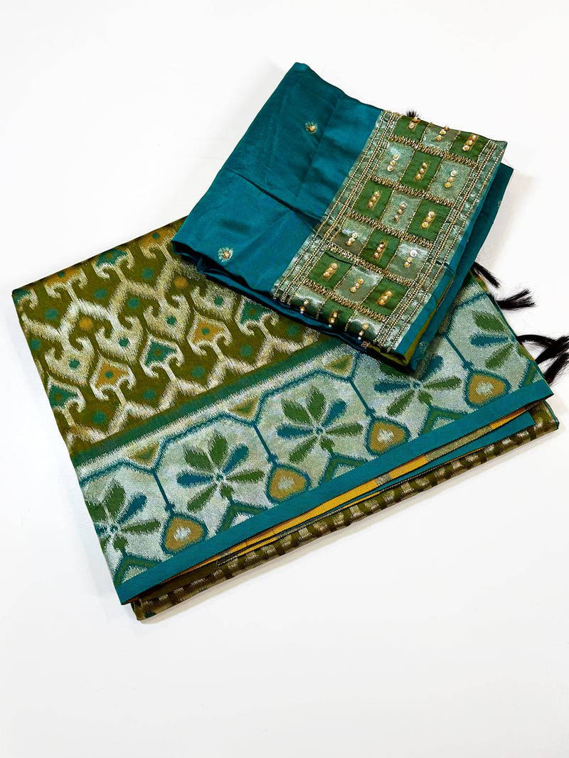 Classic Green Ikkat Soft Silk Saree With Maggam Blouse