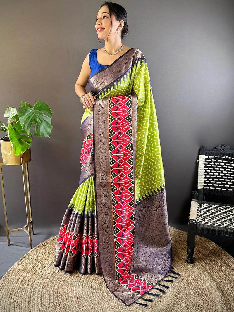 Parrot Green Soft Silk Zigzag Saree with Zari Double Border