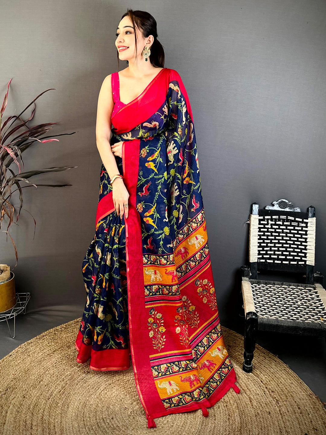 Navy Kota Doriya Block Print Saree