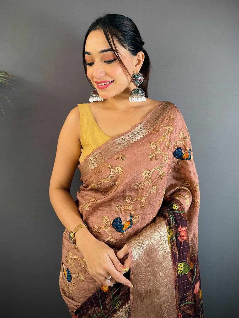 Brown Viscose Kanchi Pattu Border Saree