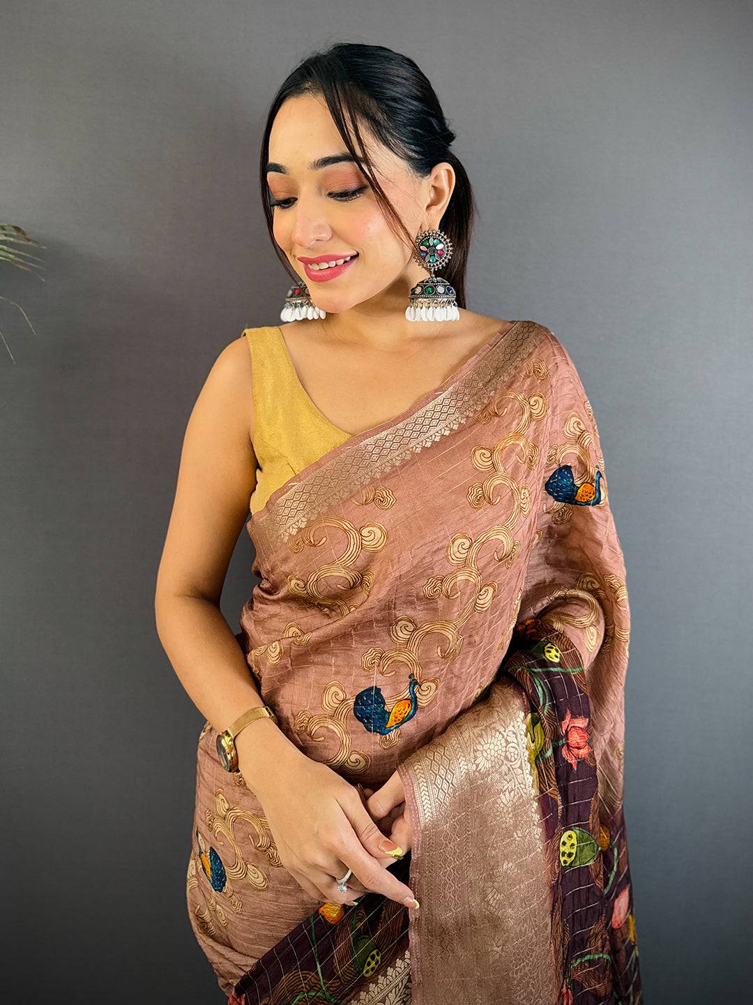Brown Viscose Kanchi Pattu Border Saree