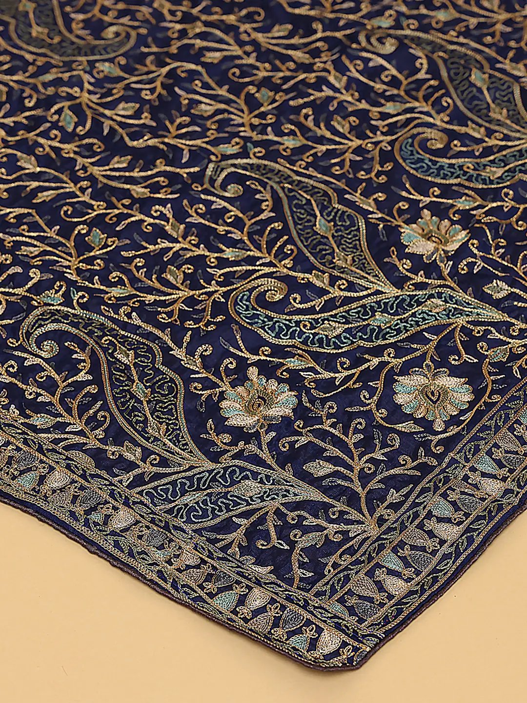 Close-up of navy chiffon pashmina dupatta threadwork