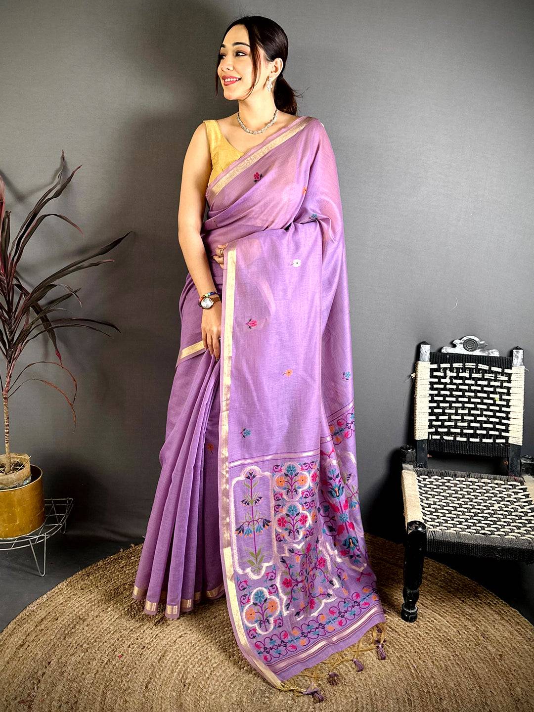 Lavender Minakari Khadi Cotton Saree