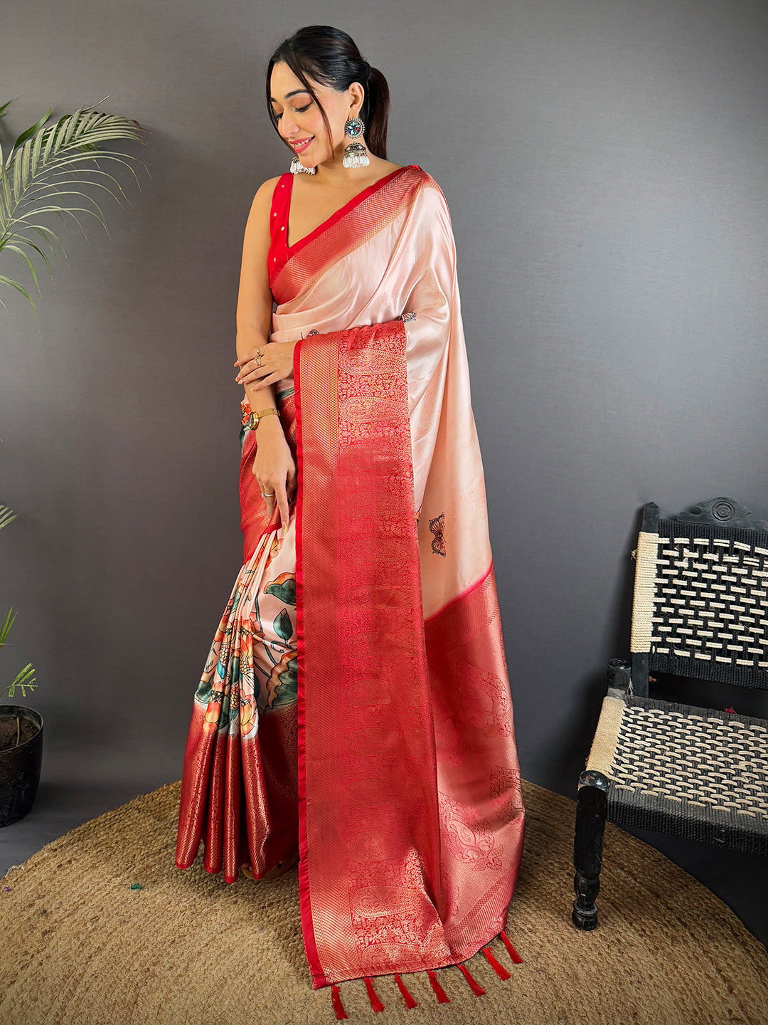Artful Cherry Satin Kalamkari Printed Saree