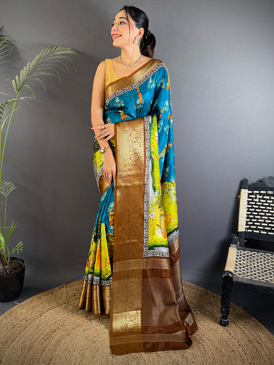 Teal Blue Viscose Pichwai Print Saree