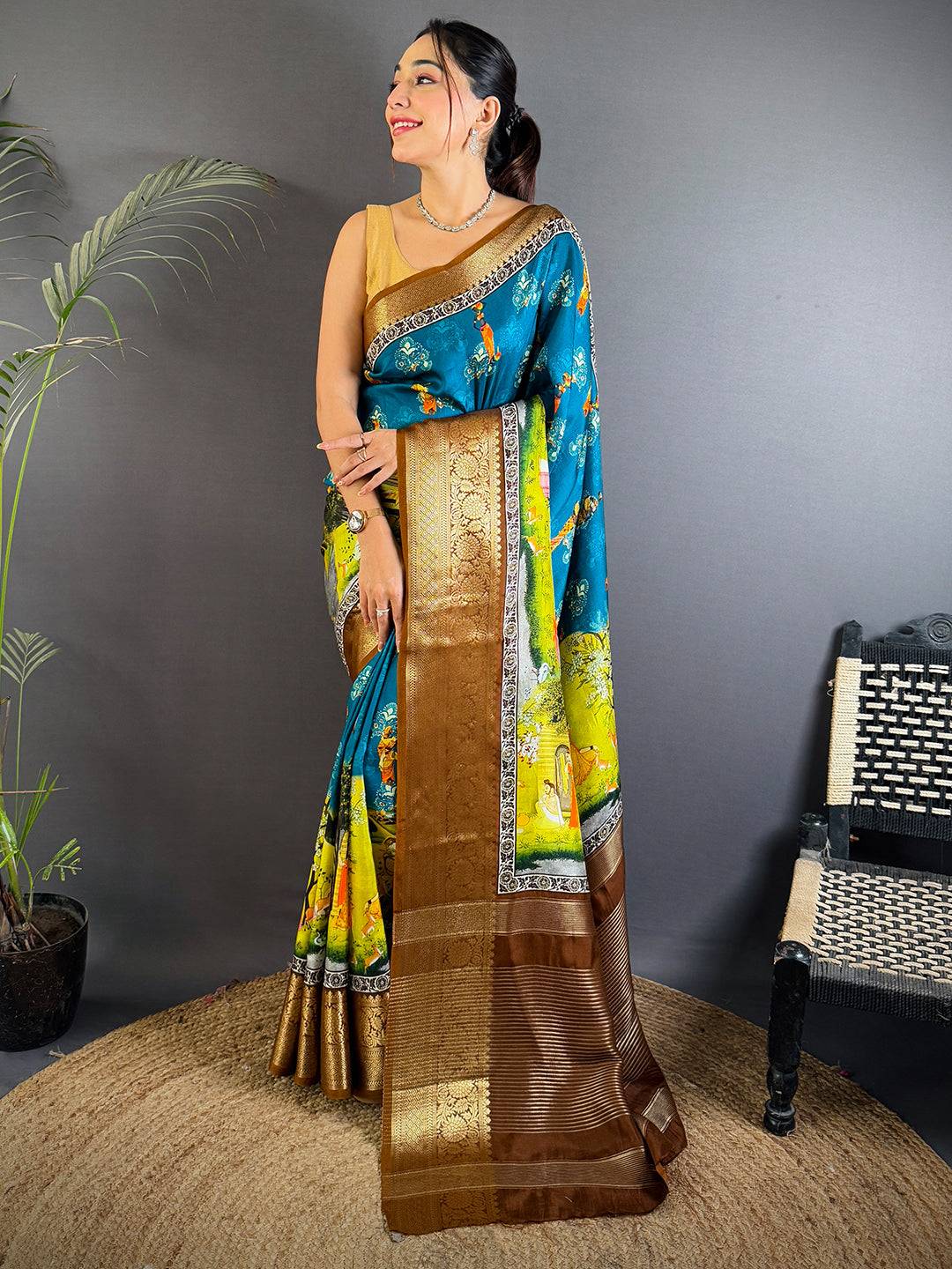 Teal Blue Viscose Pichwai Print Saree