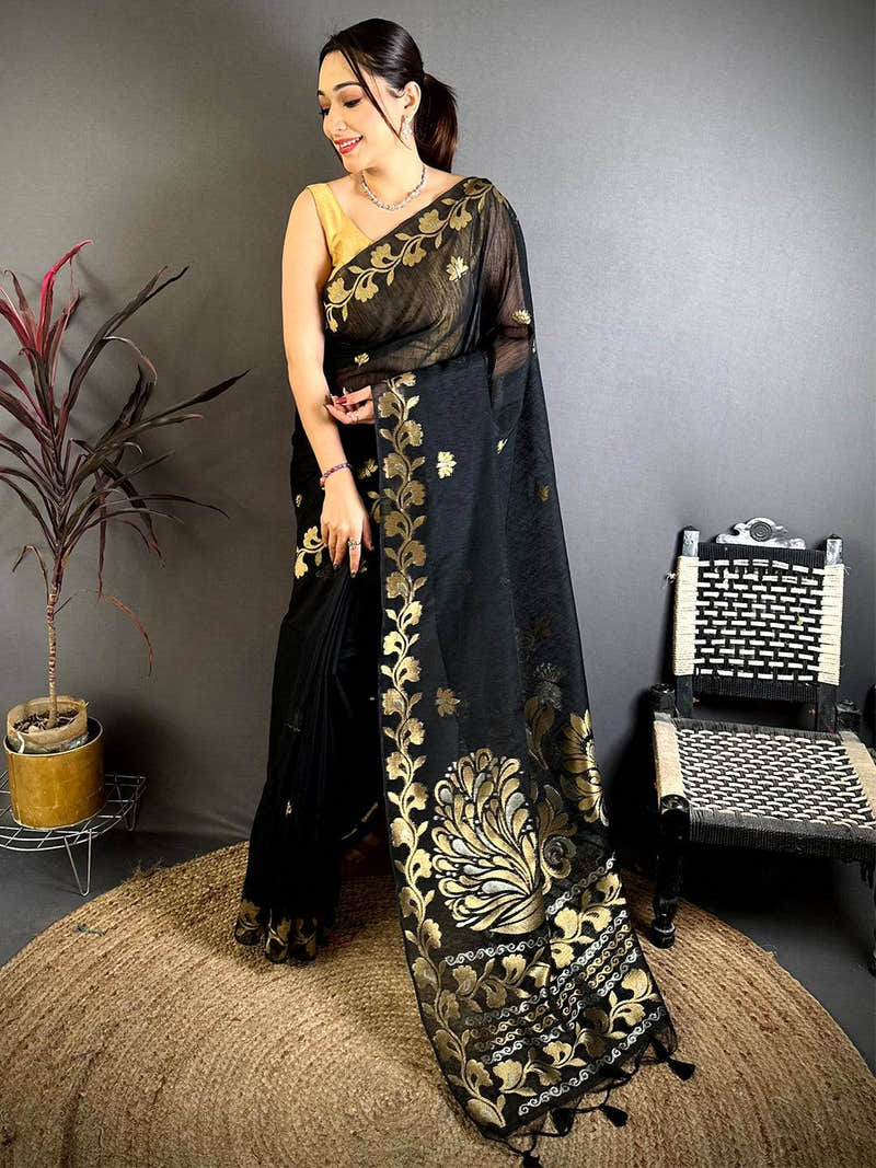 Black Peacock Zari Munga Saree