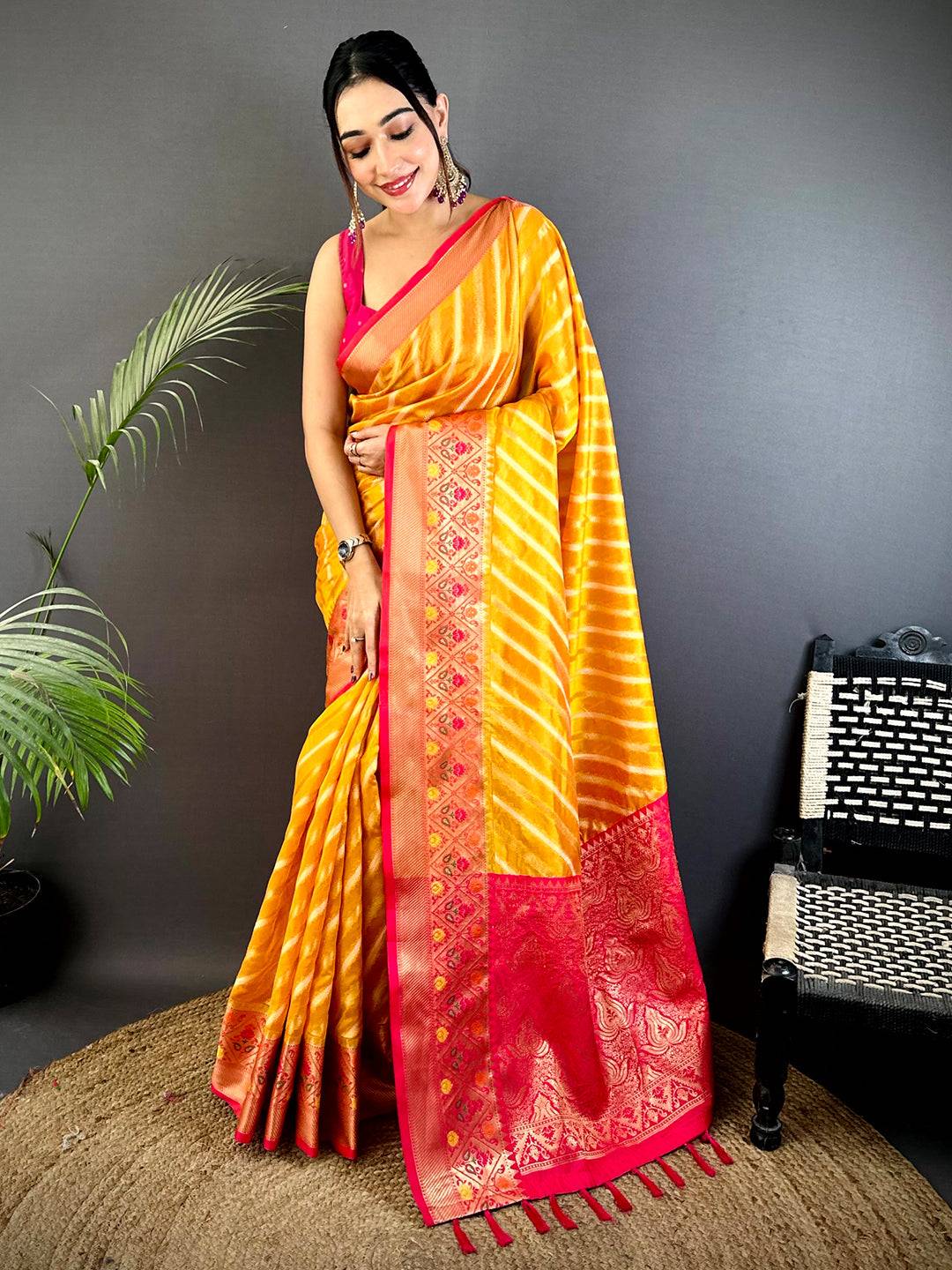 Yellow Banarasi Lehriya Katan Silk Saree