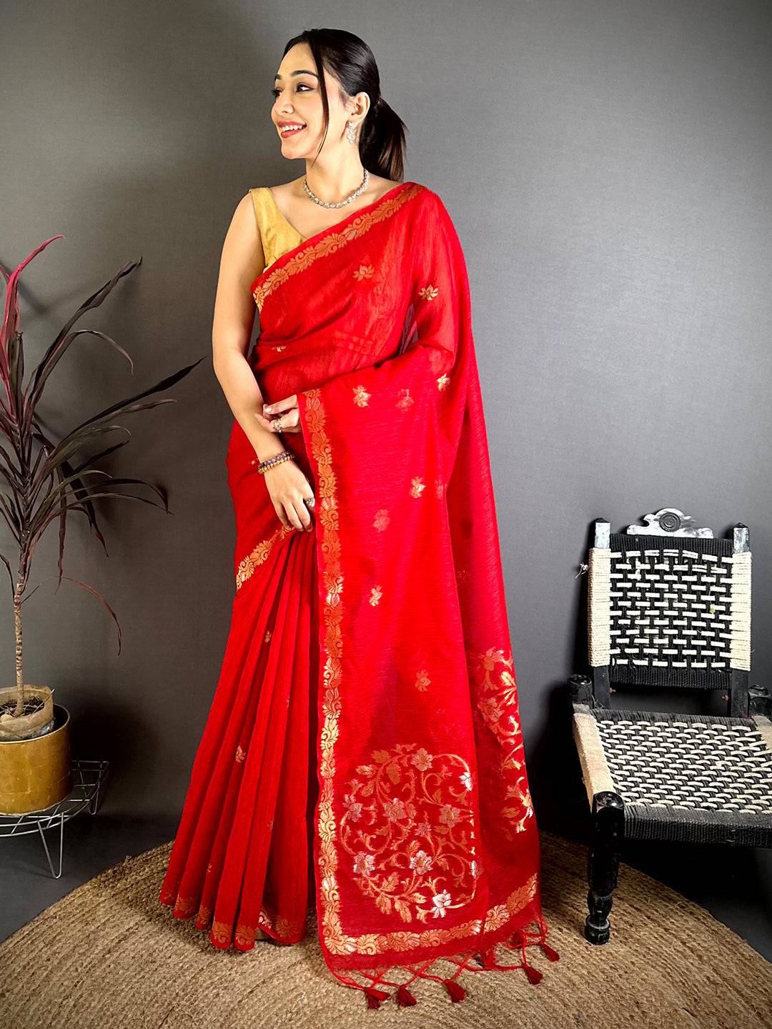 Red Sona Chandi Muga Cotton Saree