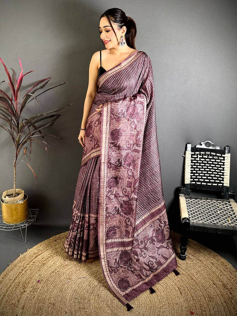 Brown Digital Katha Work Saree