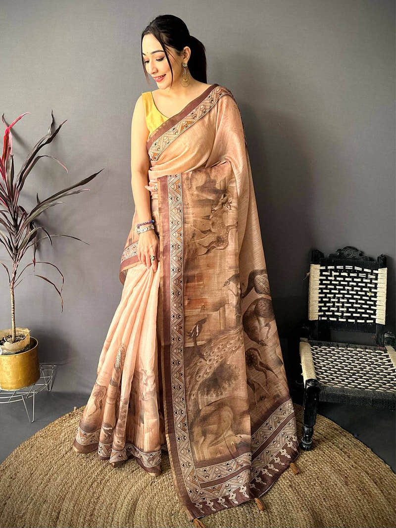 Regal Art Poster Pallu Kalamkari Linen Saree