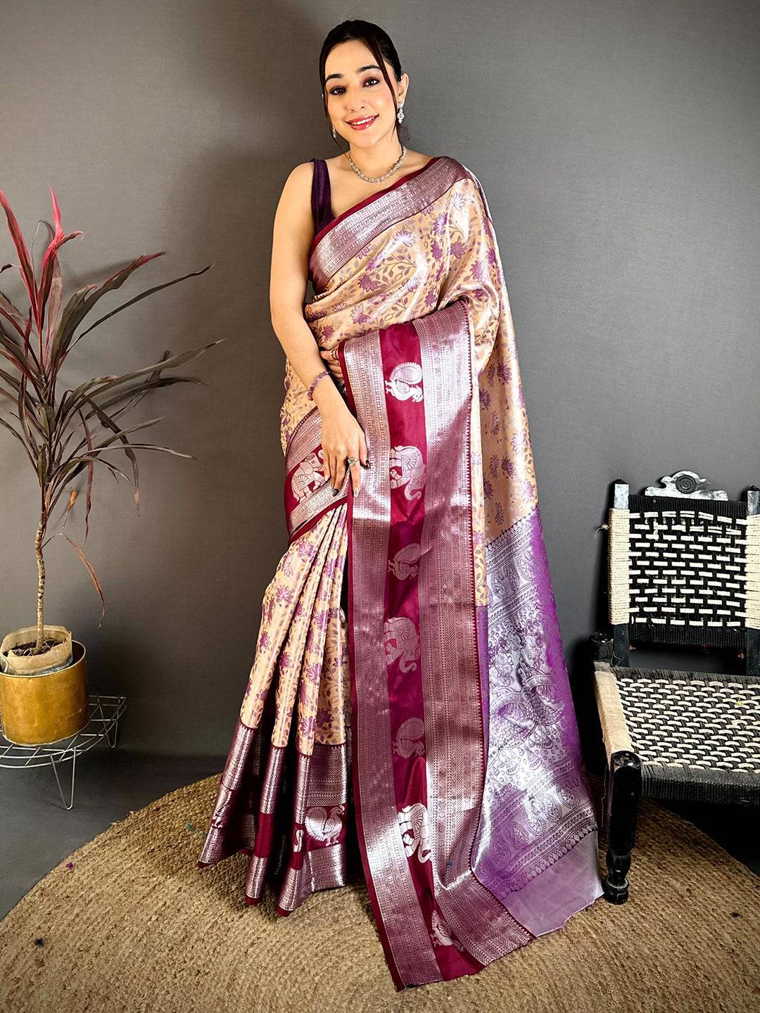 Beige Dharmavaram Double Ikkat Saree