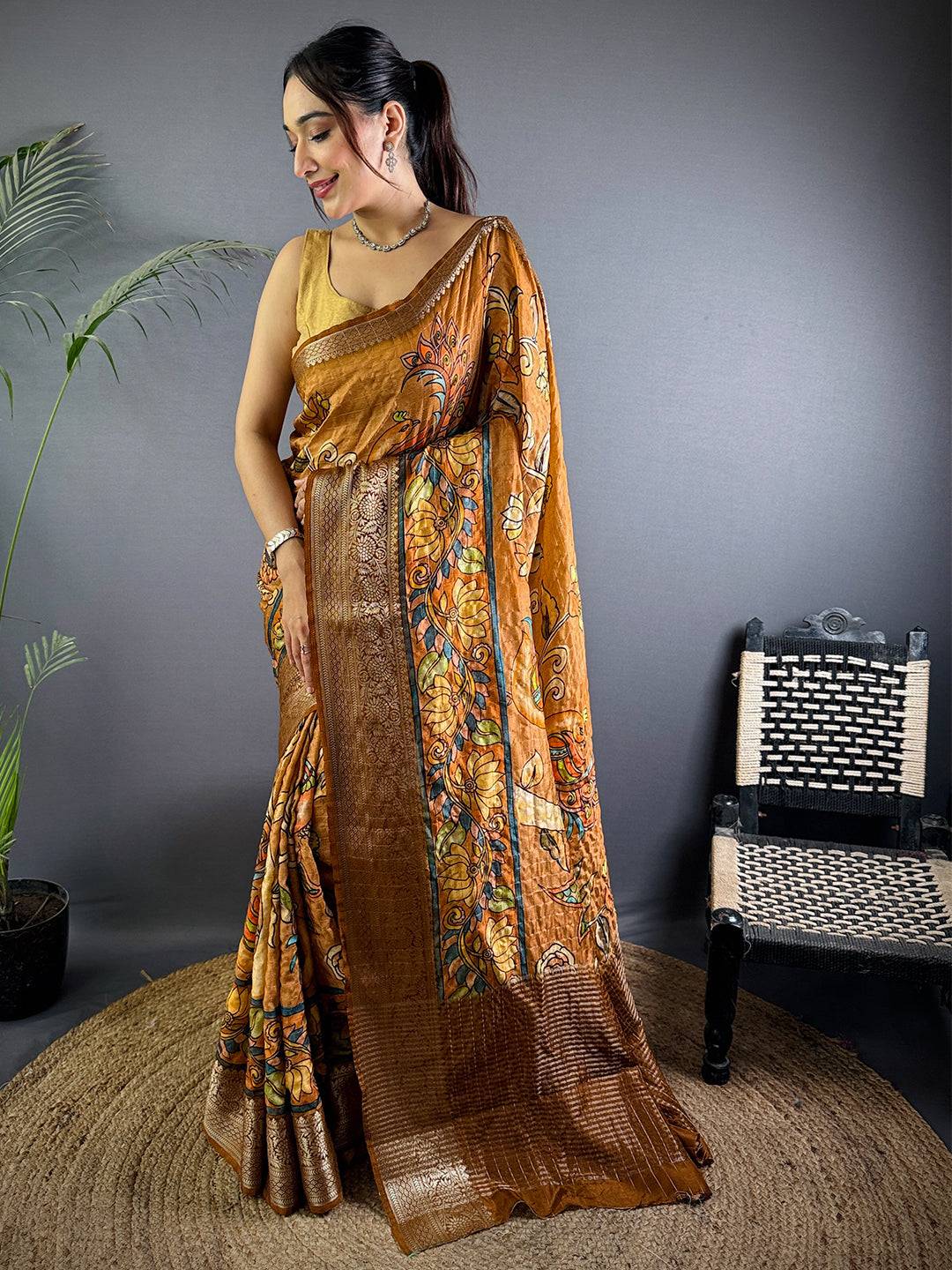 Bronze Kalalmkari Printed Viscose Saree