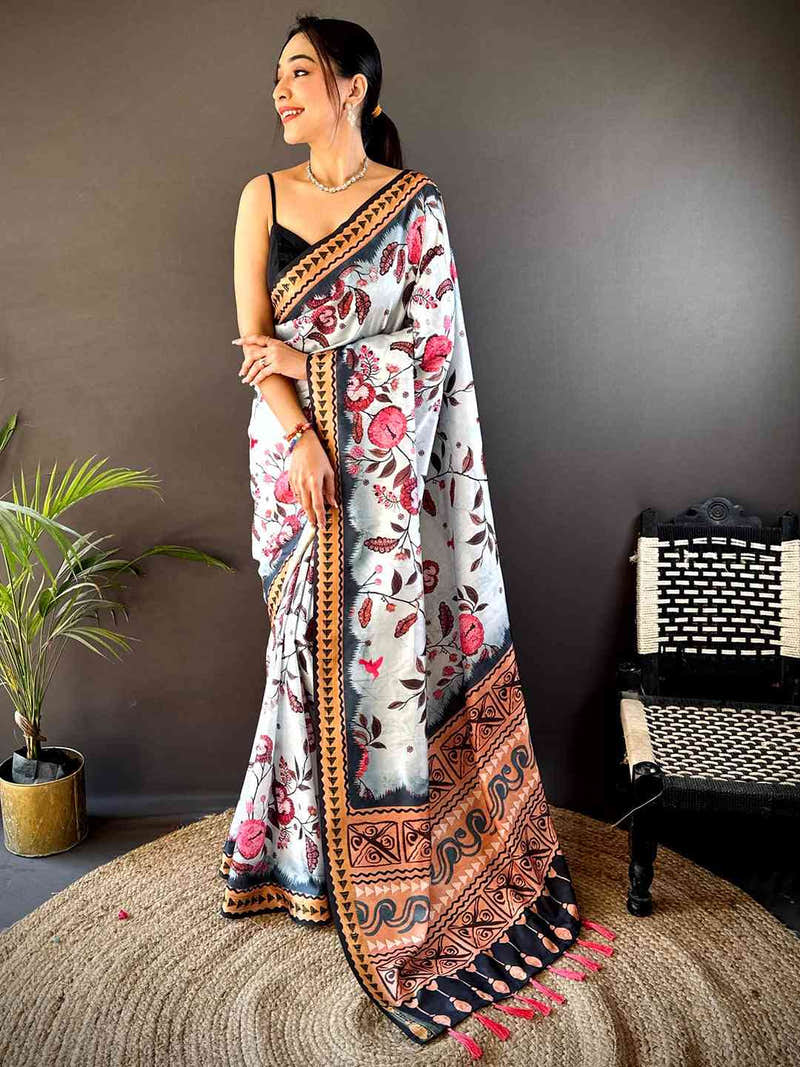 Ice Blue Soft Silk Floral Saree