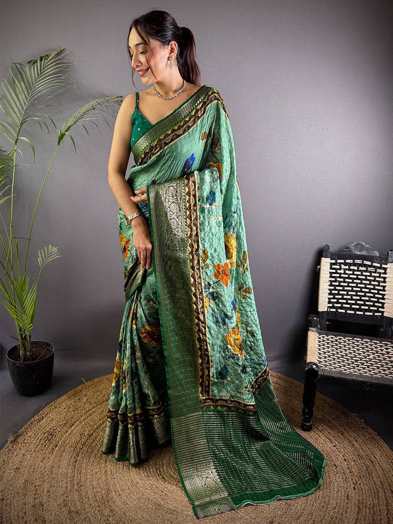 Sea Green Pure Viscose Floral Printed Saree
