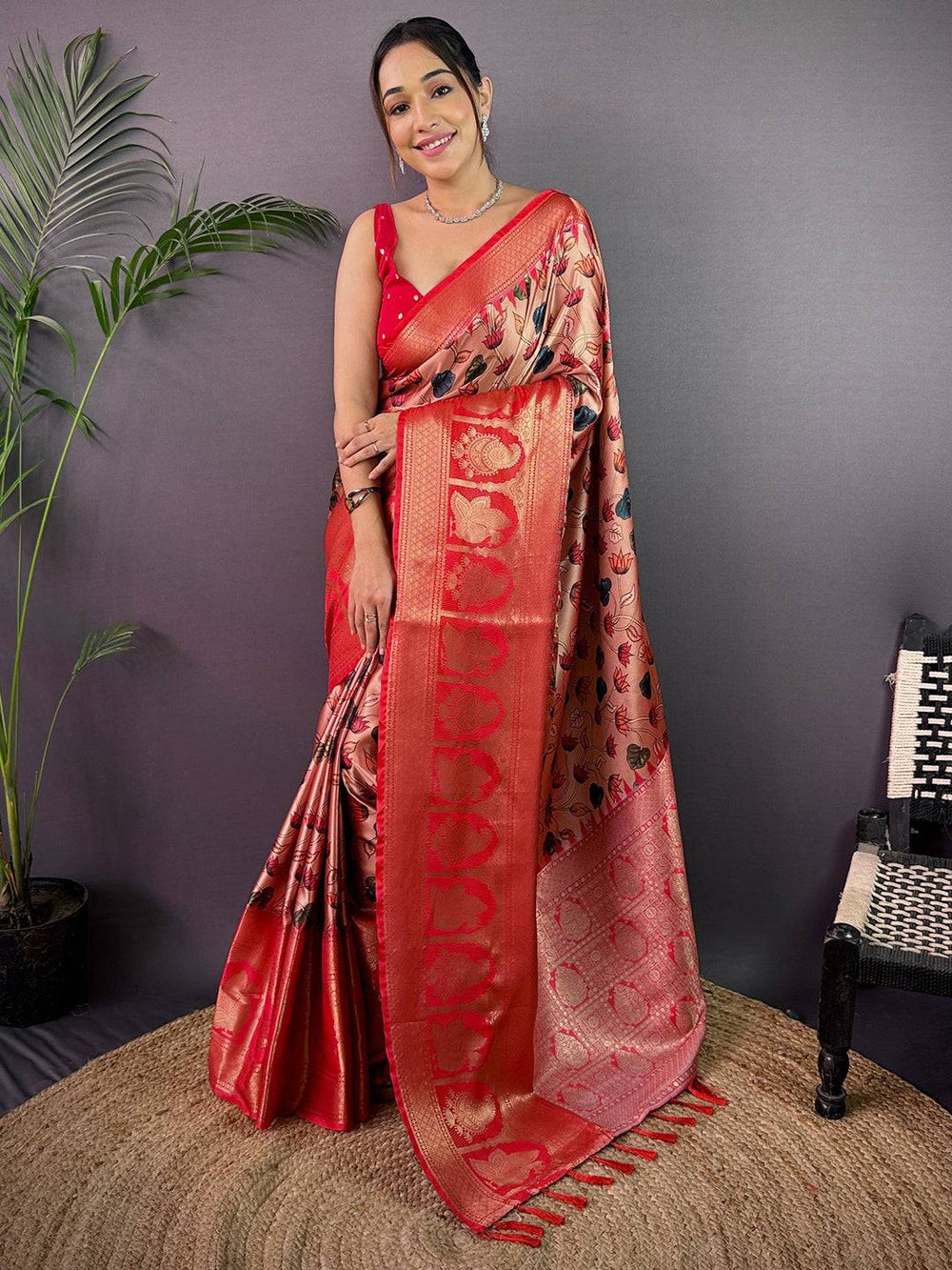 Vibrant Soft Cherry Satin Kalamkari Print Saree