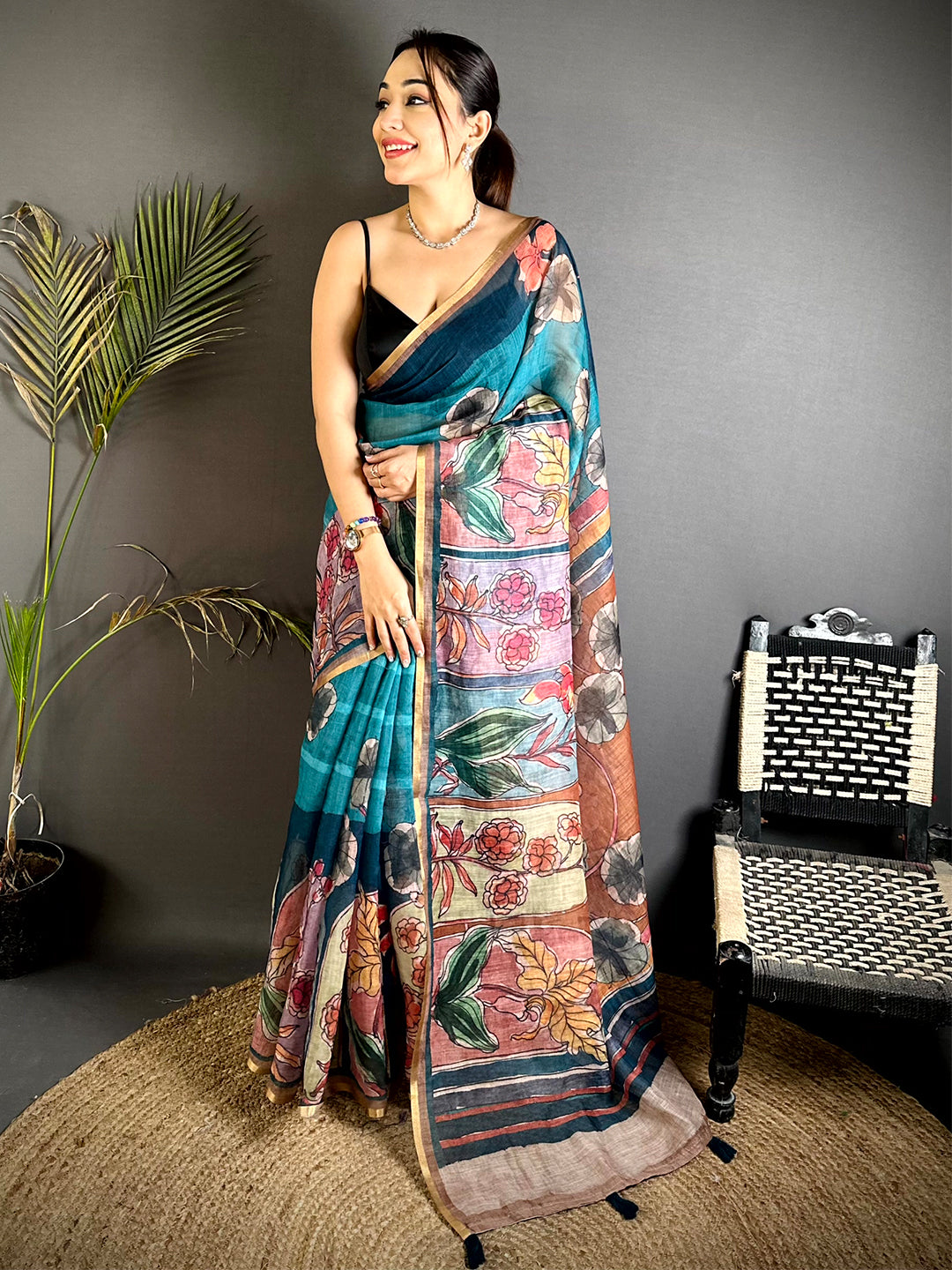 Stylish Hand Block Floral Linen Saree
