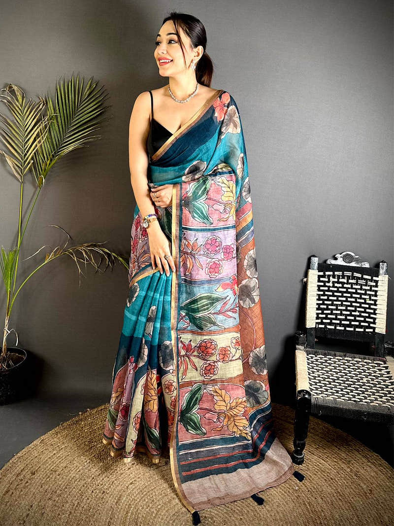 Stylish Hand Block Floral Linen Saree