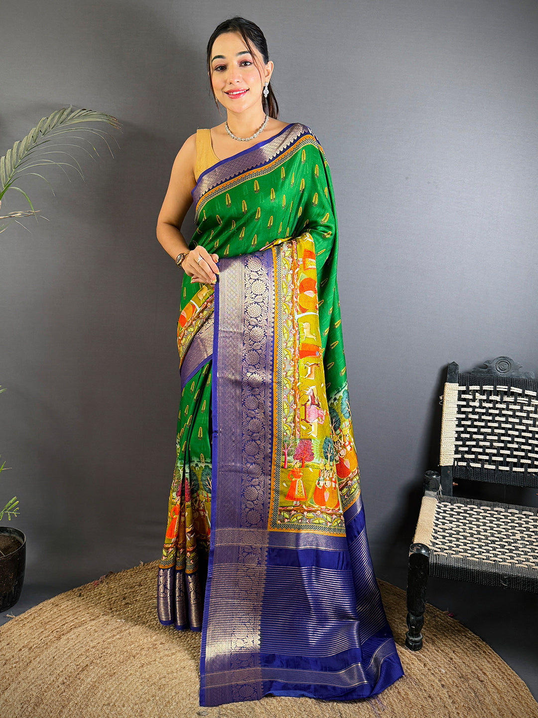 Emerald Green Viscose Pichwai Print Saree