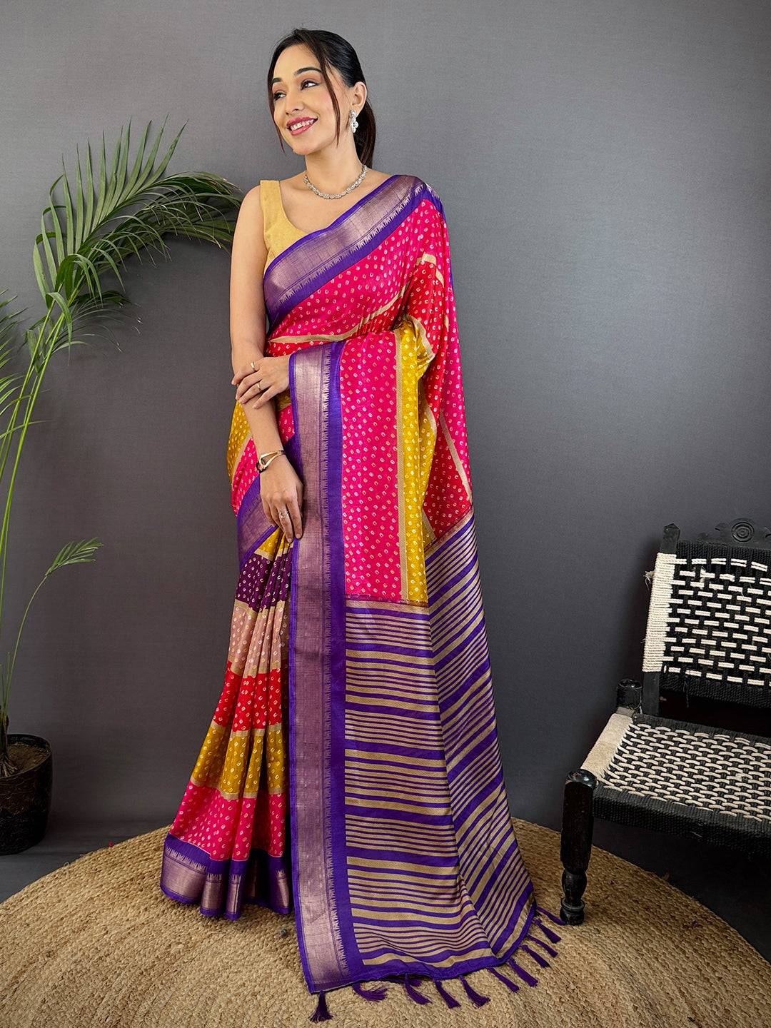 Purple Soft Dola Bandhej Print Saree