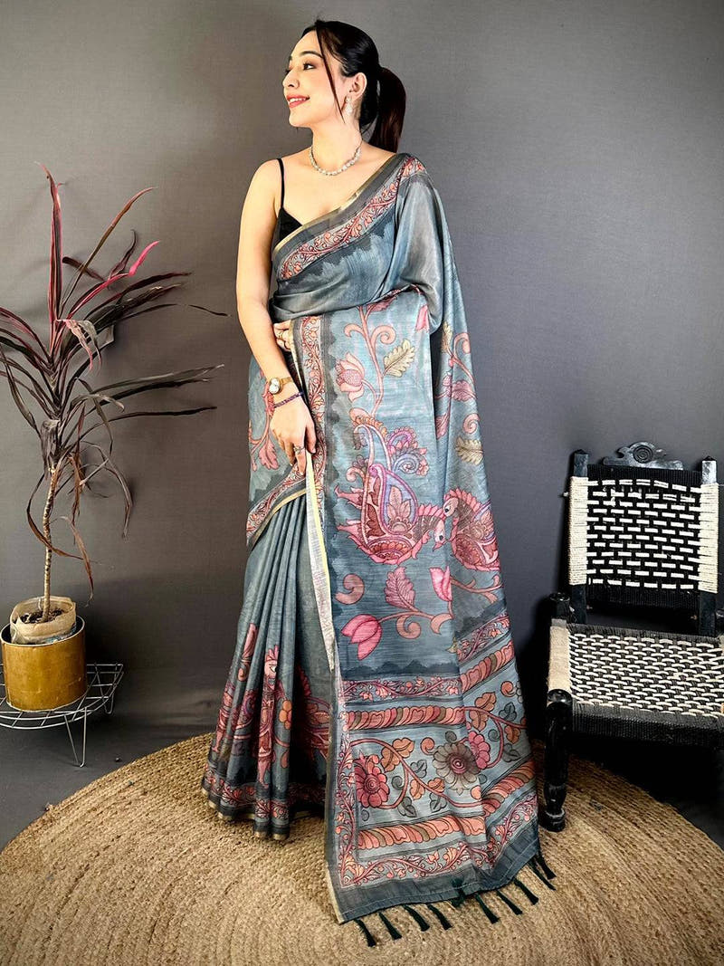 Slate Blue Vintage Pen Kalamkari Chanderi Saree