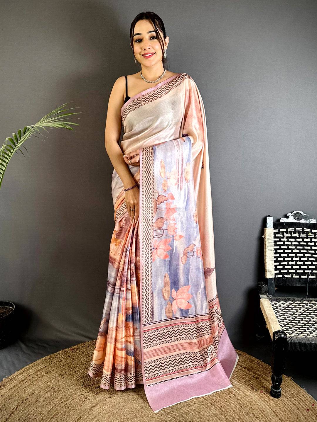 Artistic Water Theme Floral Tussar Saree