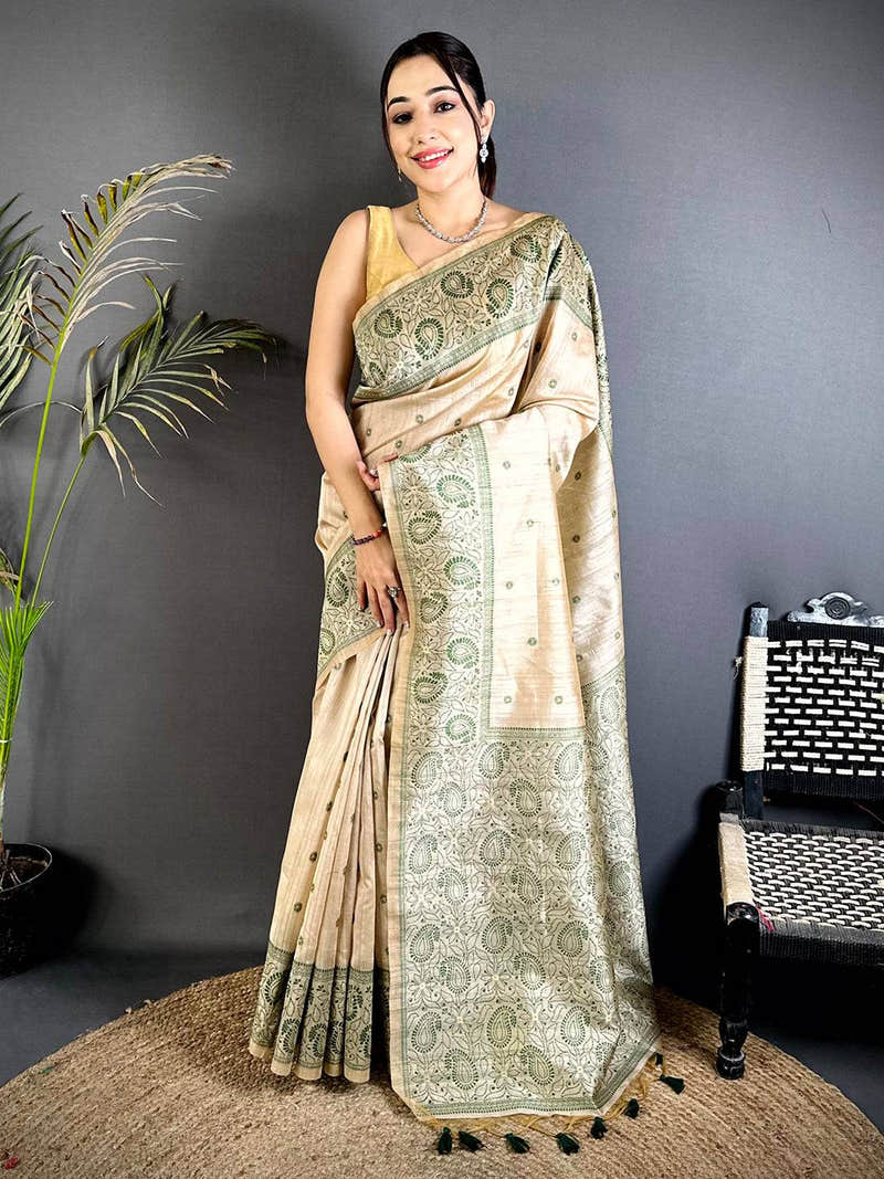 Olive Floral Katha Ghicha Silk Saree
