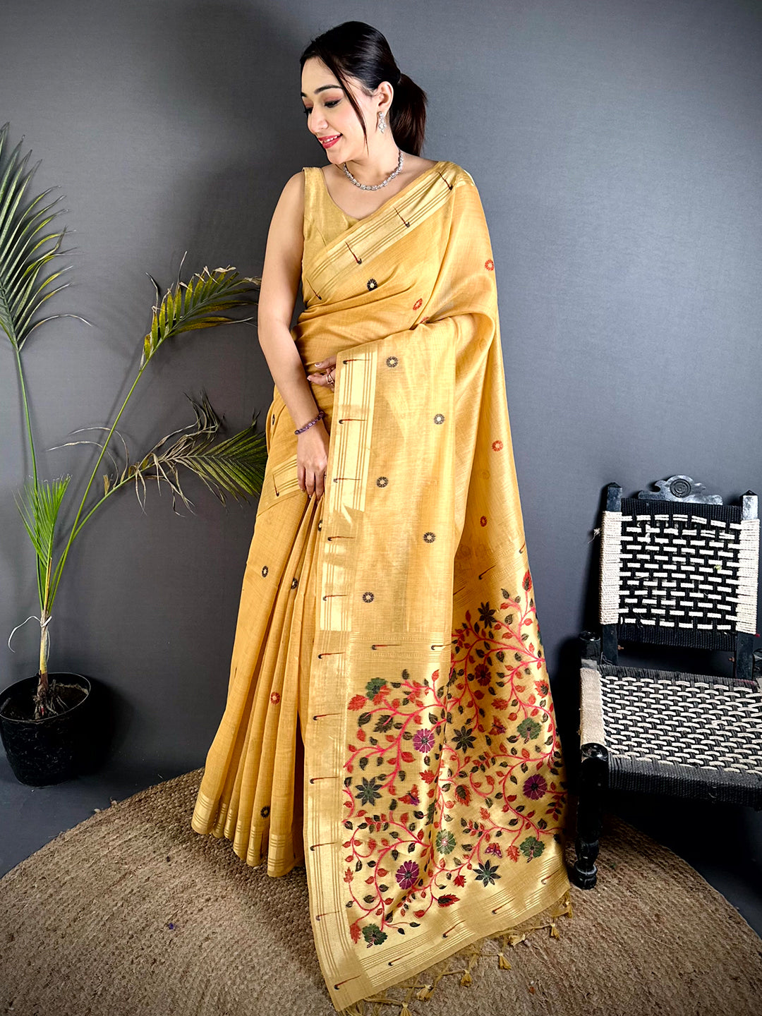 Aura Yellow Minakari Butti Linen Saree